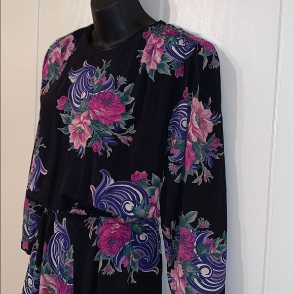 Vtg 90s E.D. Michaels black floral rayon dress - Picture 2 of 8